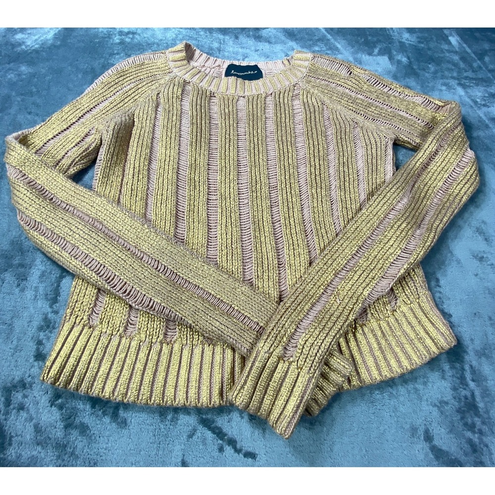 Womens Metallic Sweater Medium Gold Distressed Knit Crewneck Shimmer Holiday Top